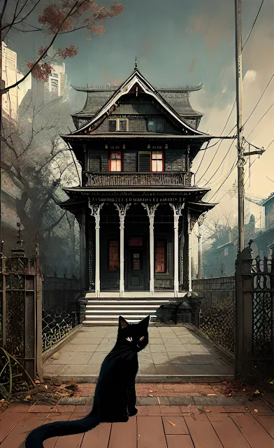 sexta feira 13 com gatos pretos em uma casa mal assombrada no subúrbio em uma noite escura