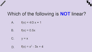 Which is not linear: a. f(x)=4/3 x+1  b. f(x)=0.5x  c. y=x  d. f(x)=x to the 2nd power-3x+4