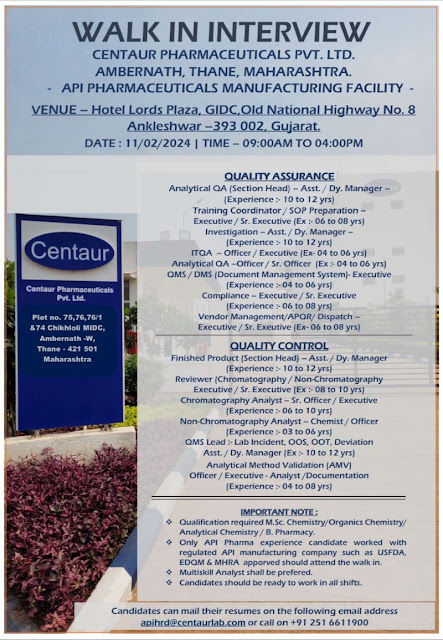 Centaur Pharma Walk In Interview For Quality Assurance and Quality Control - Multiple Opening