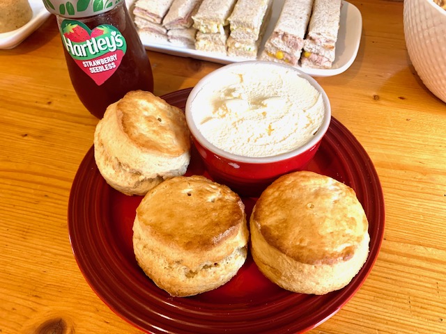 Three scones on a plate with a ramekin of clotted cream