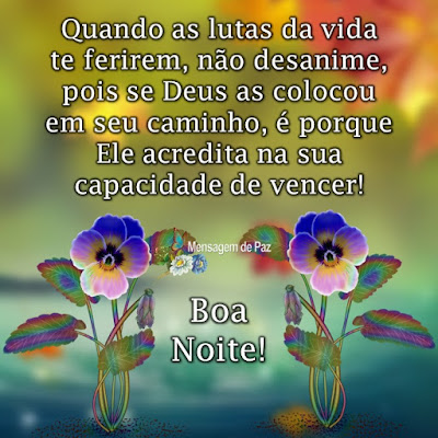 Quando as lutas da vida  te ferirem, não desanime,   pois se Deus as colocou   em seu caminho, é porque   Ele acredita na sua   capacidade de vencer!   Boa Noite!