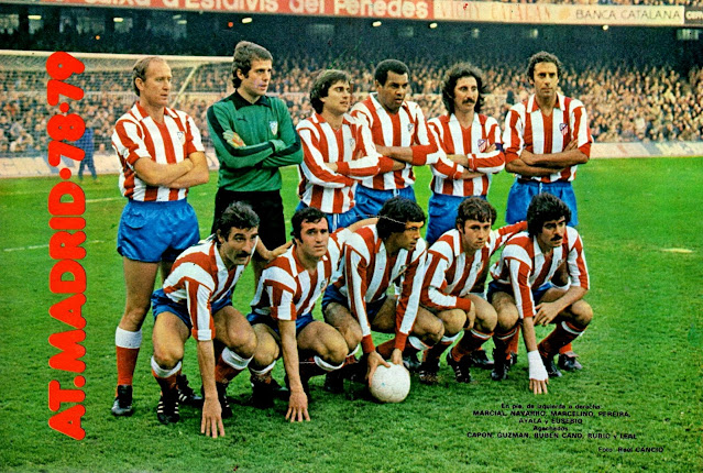 CLUB ATLÉTICO DE MADRID. Temporada 1978-79. Marcial, Navarro, Marcelino, Luis Pereira, Rubén Ayala y Eusebio. Capón, Guzmán, Rubén Cano, Rubio y Leal. F. C. BARCELONA 2 (Krankl de penalti 46’, Tente Sánchez 66’) CLUB ATLÉTICO DE MADRID 4 (Rubén Ayala 13’, Marcial 15’, Rubén Cano de penalti 51’, Marcial 55’). 03/12/1978. Campeonato de Liga de 1ª División, jornada 12. Barcelona, Nou Camp.