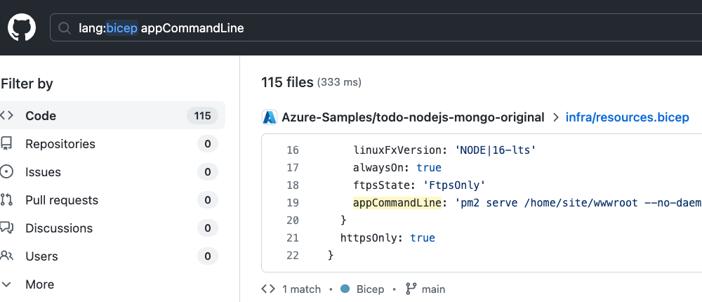 Screenshot of Github code search for lang:bicep