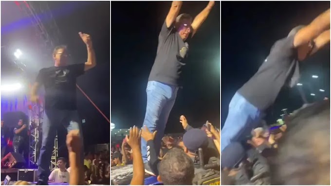 Vídeo: Prefeito se empolga em festa e se joga para a plateia, mas cai no chão