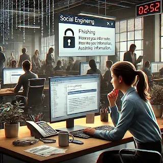 Mujer enfrentando un correo de phishing en la oficina, ejemplo de ingeniería social
