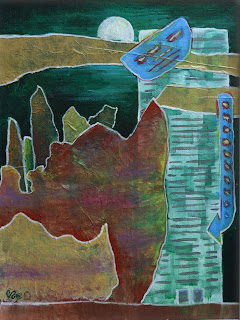 An abstracted collage painting of some rocks in the desert, next to a tall city building with large signs on it. There is a moon glowing behind gold collaged clouds.