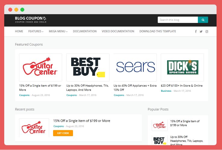 Blog Coupon Blogger Theme is best for coupon blogs, which use to create a blog with free coupons and publish for deals, offers, affiliate, token free, and paid.