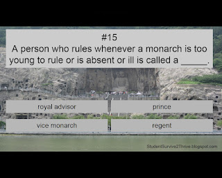 A person who rules whenever a monarch is too young to rule or is absent or ill is called a _____. Answer choices include: royal advisor, prince, vice monarch, regent