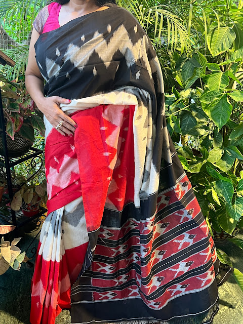 Pochampaly cotton ikat saree. 3 layers divided in 3 colours- red, white and black