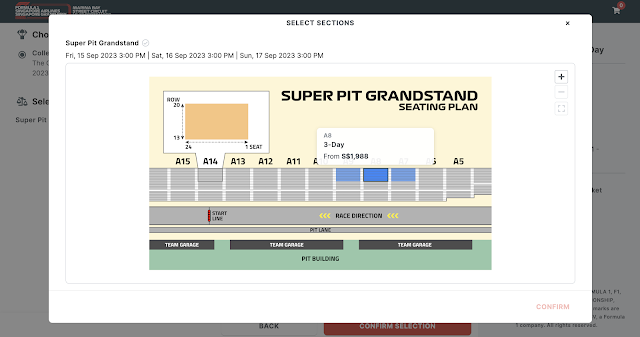 F1シンガポールGP公式サイトでの購入手順ー指定座席選択スクリーンショット