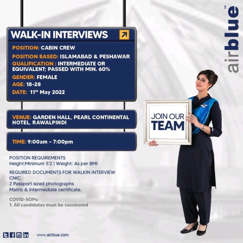 Walk In Interview Air Blue Pakistan 2022-Cabin Crew