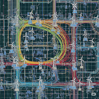 Overloaded power grid, wind and solar icons.