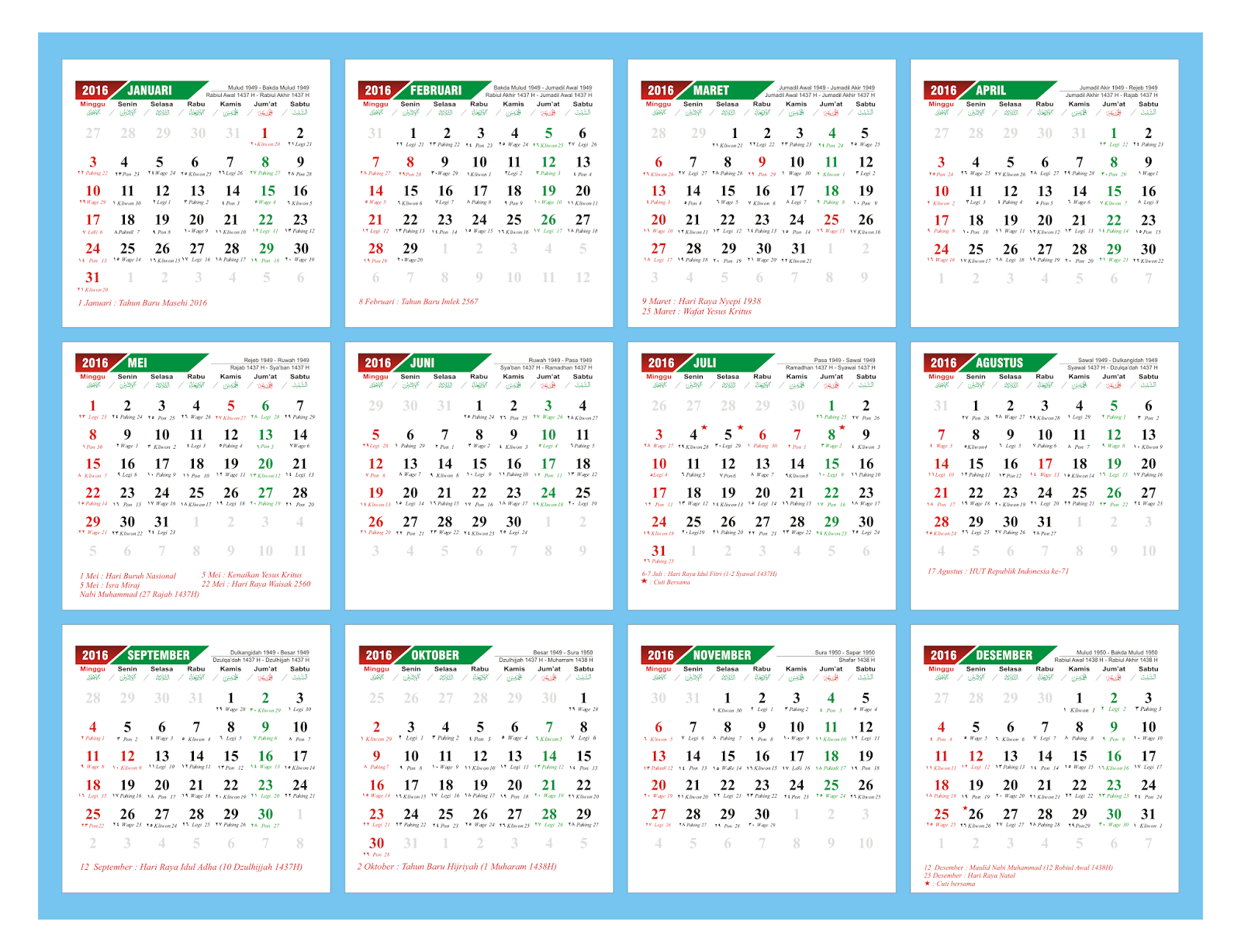 Kalender 2016 Lengkap Format Vector Cdr