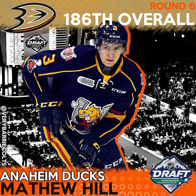 Barrie Colts Defenseman Mathew Hill Drafted 186th overall by Anaheim Ducks. #OHL #NHLDraft