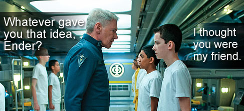 Picture of Harrison Ford as Colonel Graff talking to Asa Butterfield as Ender Wiggin in the Barracks of the Battleschool in Ender's Game Movie