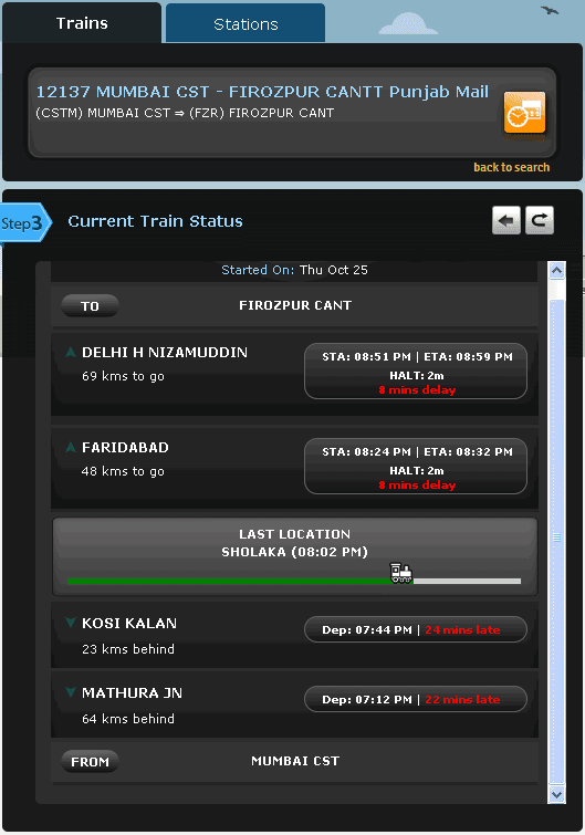 a view of train running information displayed through latest version trainenquiry.com