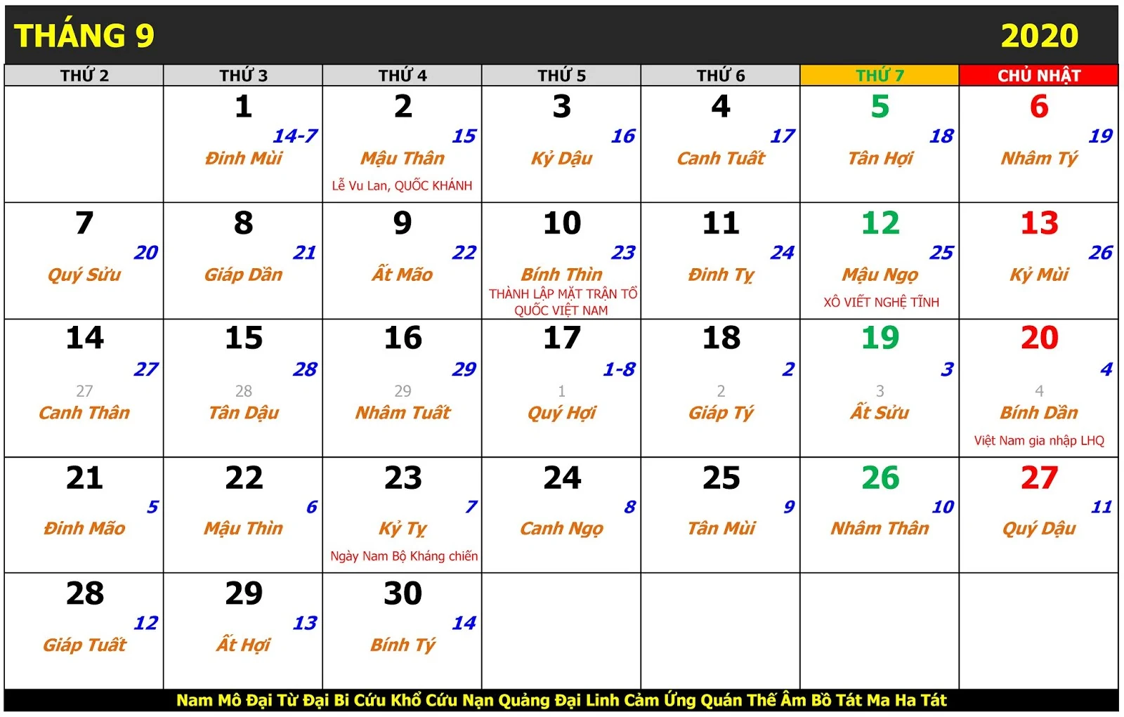 LỊCH VẠN SỰ THÁNG 9 NĂM 2020