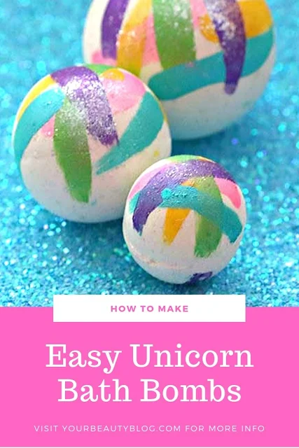 How to make DIY unicorn bath bombs recipe.  These unique bath bombs are natural and made with Epsom salt and without cornstarch. These cute bath bombs are great for kids.  They are moisturizing thanks to coconut oil and baking soda. The citric acid makes them fizzy. It uses a natural Unicorn Kisses fragrance oil scents. These pretty home made bath bombs are easy to make and make great gift ideas. #unicorn #bathbomb