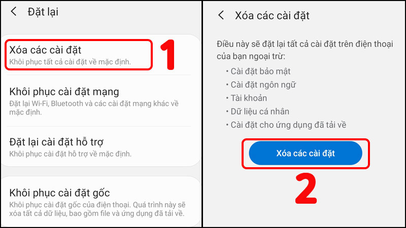 Chọn Xóa các cài đặt