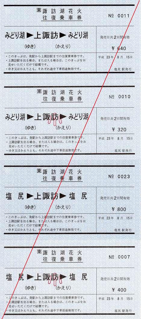 JR東日本　第63回諏訪湖花火往復乗車券1　常備券　軟券　みどり湖・塩尻駅