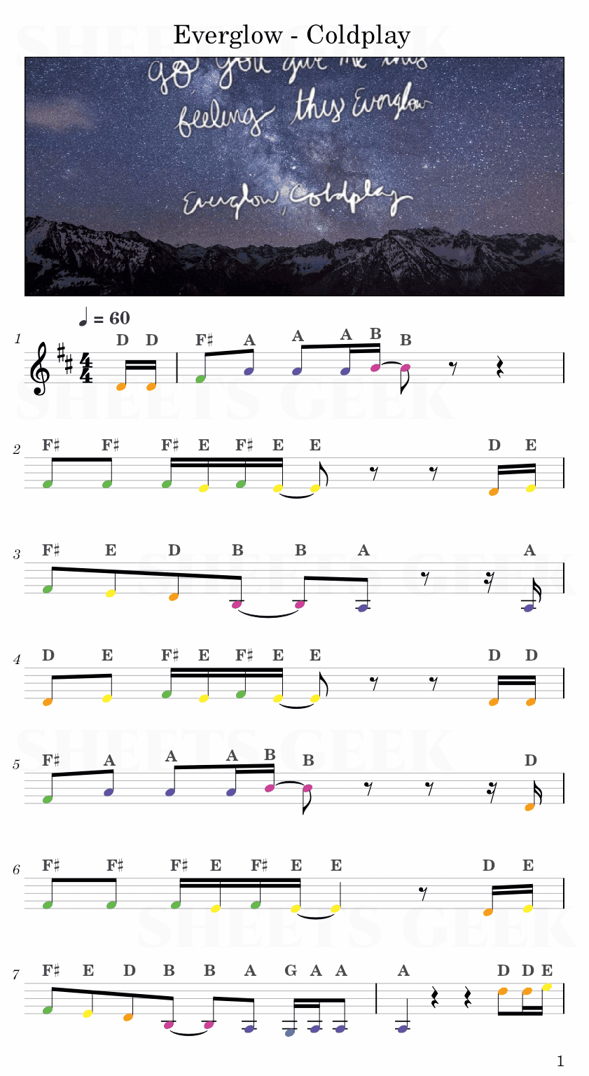 Everglow - Coldplay Easy Sheet Music Free for piano, keyboard, flute, violin, sax, cello page 1