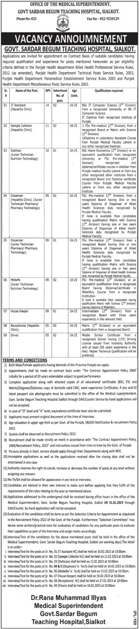 Sardar Begum Teaching Hospital Sialkot Jobs 2023