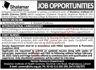 Shalamar Institute of Health Sciences Jobs in Lahore 2023 Advertisement