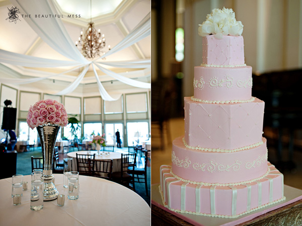 Pink wedding reception motiff and elegant wedding cakes