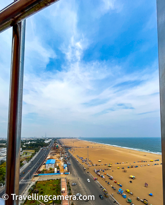 Visitors can go up through a lift/elevator and enjoy a panoramic view of the city and the Bay of Bengal. The view from the top is breathtaking, and visitors can see the stretch of the Marina Beach, the port, and the city skyline.