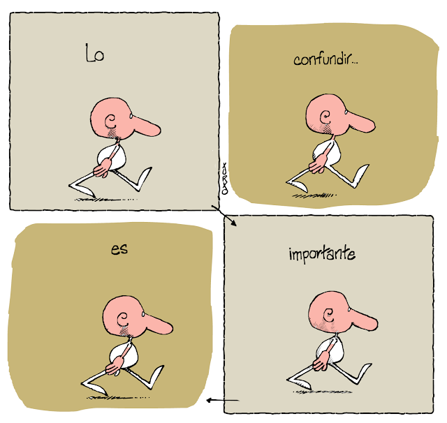 viñeta de humor. Un personaje camina a traves de cuatro cuadritos diciendo: Lo... confundir... es ... importante