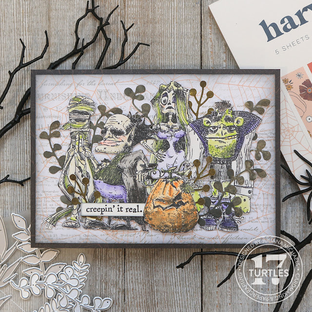 Creepin' It Real Halloween Card by Juliana Michaels featuring Tim Holtz Monster's Reunion Stamp Set, Scrapbook.com Delicate Leaves and Autumn Leaves Die Set and Harvest Paper Pad
