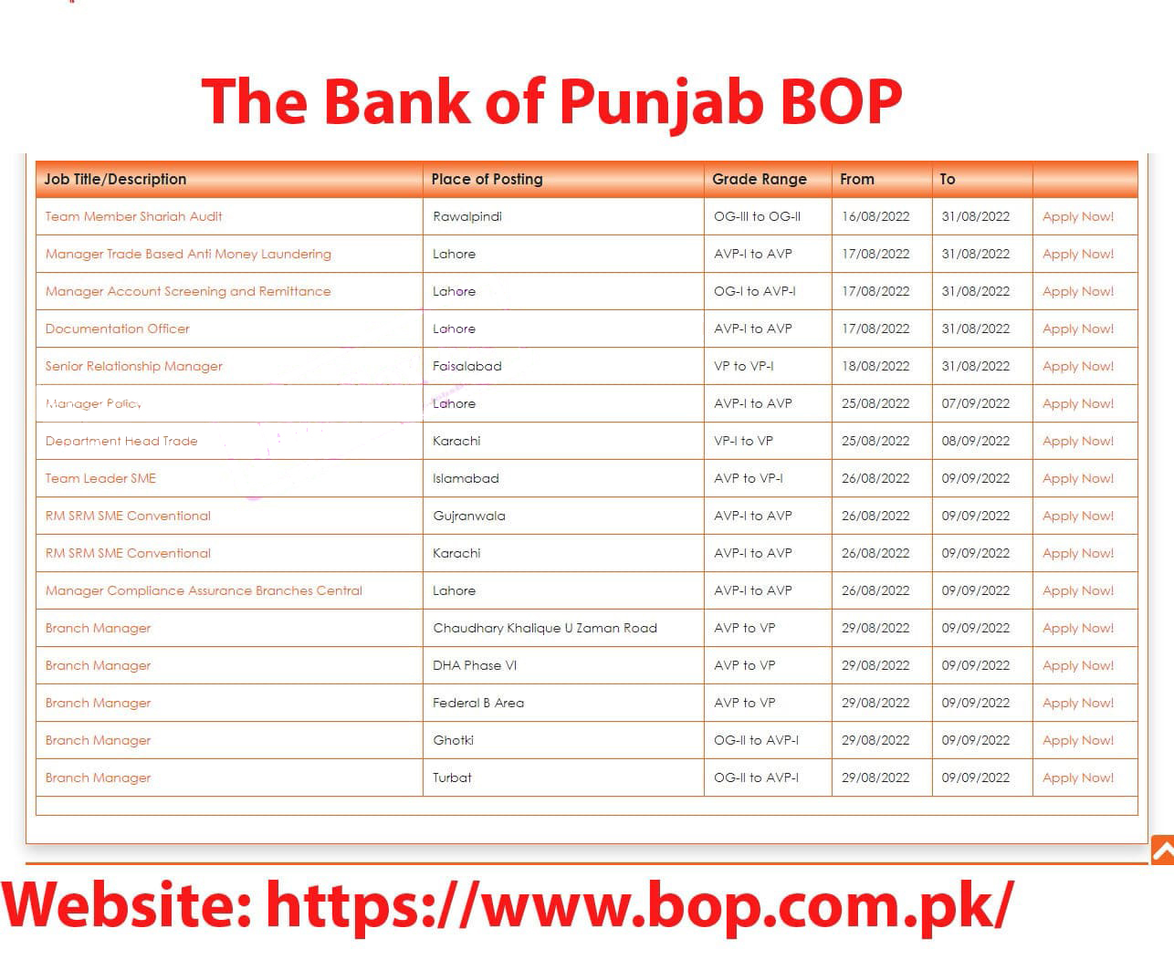 Bank of Punjab BOP Jobs 2022 Online Form