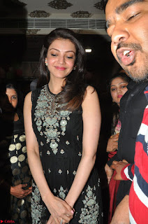 Kajal Aggarwal in lovely Black Sleeveless Anarlaki Dress in Hyderabad at Launch of Bahar Cafe at Madinaguda 050.JPG