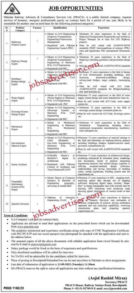 Pakistan Railway Advisory and Consultancy Services Jobs 2023