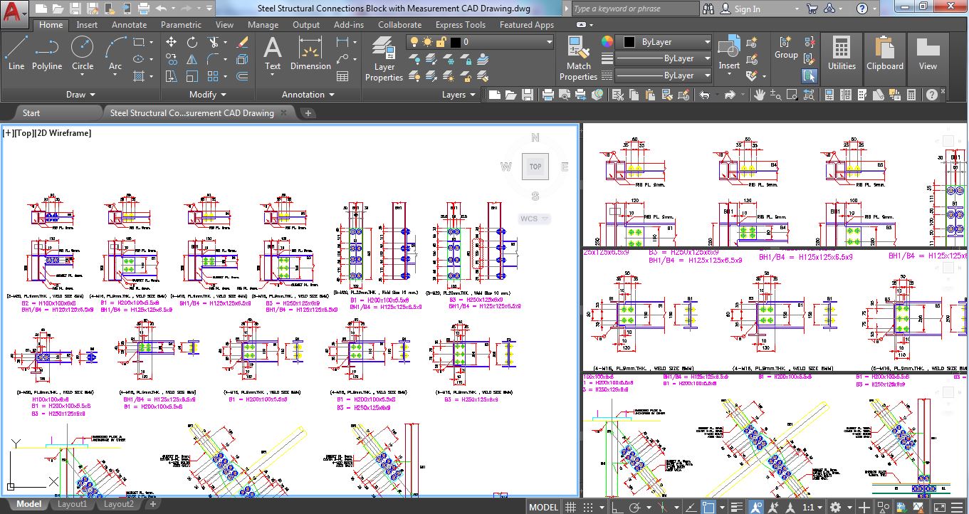 Steel Structural Connections Block with Measurement AutoCAD Drawing