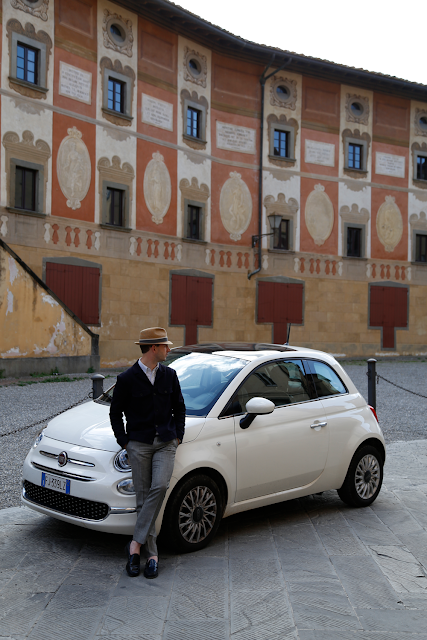 Paul Stood with White Fiat 500 in Front of Piazza della Repubblica