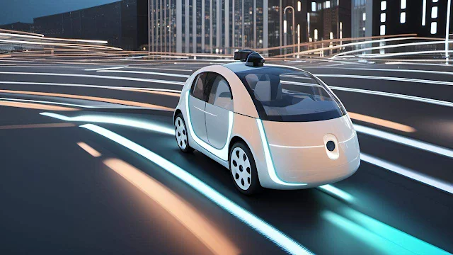 A sleek driverless car driving along a road without a human driver - Autonomous vehicles are the future of transportation.