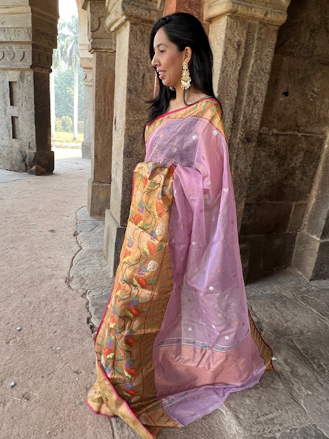 Double tissue kota doria saree pink color with floral jaal