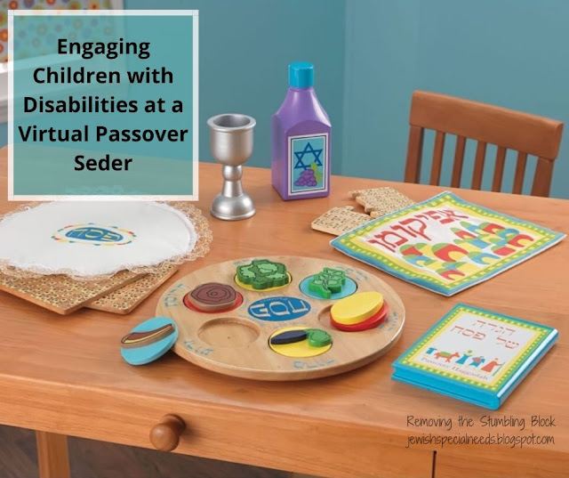 table set with children's seder objects such as a wooden seder plate, wooden matzah pieces and more. Includes the words Engaging Children with Disabilities at a Virtual Passover Seder