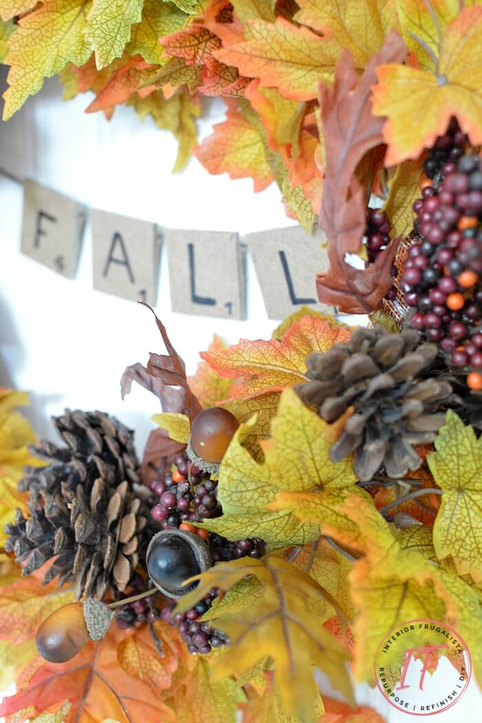 How to make an easy peasy traditional Fall Wreath with mini game tile banner in less than an hour with fall floral picks for the 2015 Fall Ideas Tour