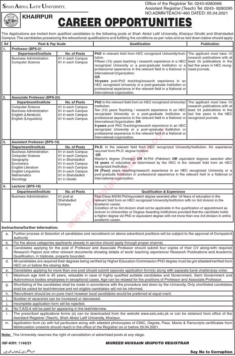 New Jobs in Pakistan Shah Abdul Latif University Jobs 2021 | Download Application Form