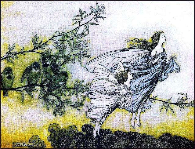 an Arthur Rackham children's book illustration of faeries or fairies