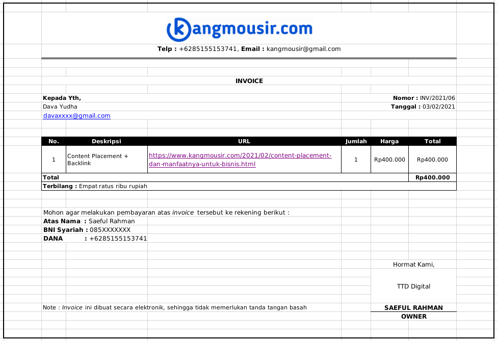 Contoh Invoice Blogger