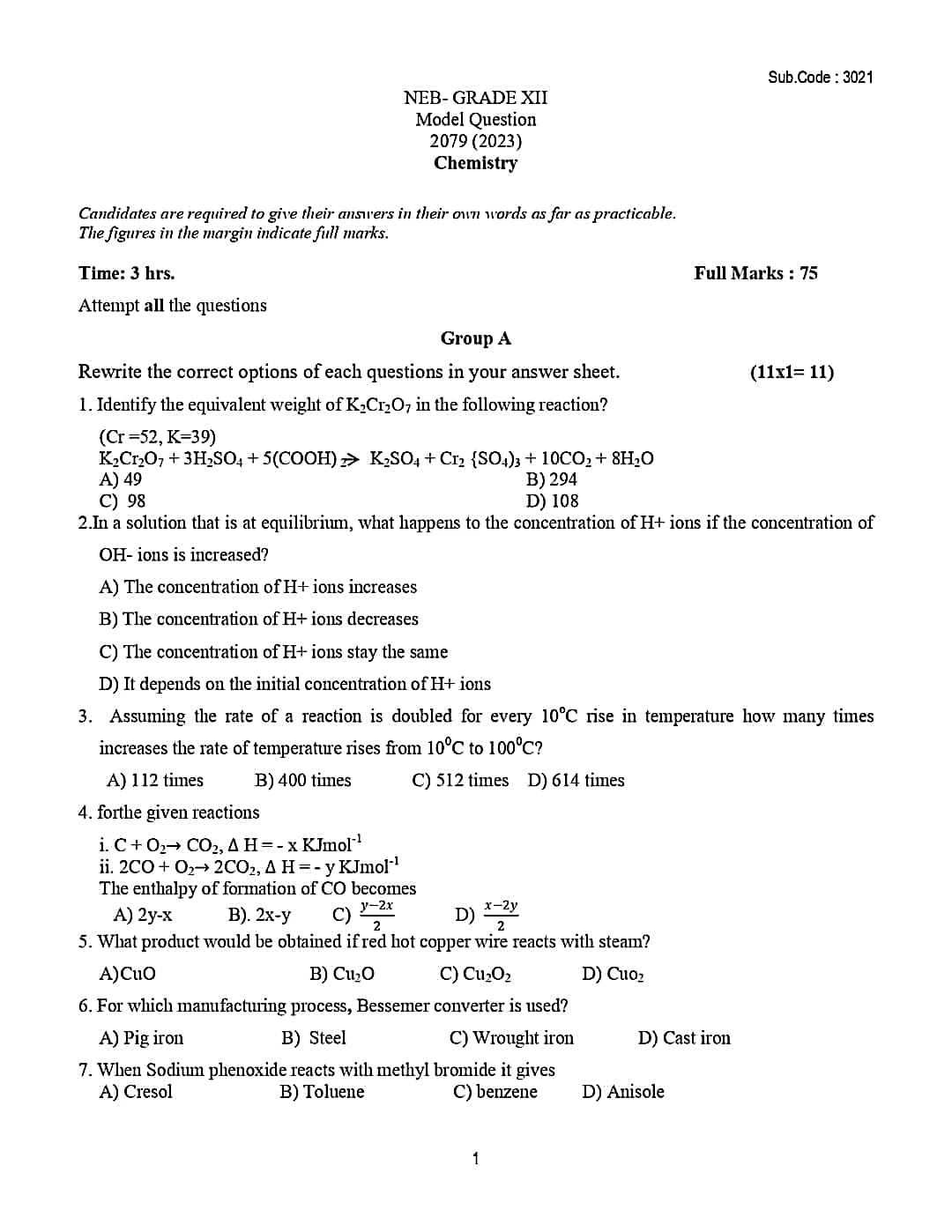 Class 12 Chemistry Model Question Paper 2079 / 2080