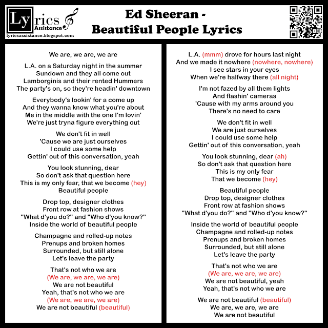 Ed Sheeran - Beautiful People Lyrics | lyricsassistance.blogspot.com