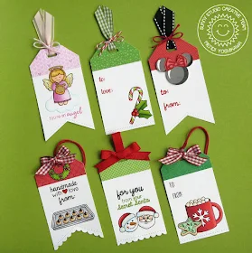 Sunny Studio Stamps: Crescent Tag Toppers Holiday Gift Tags by Mendi Yoshikawa (with Blissful Baking, Little Angels, Holiday Style, Mug Hugs & Christmas Icons stamps)