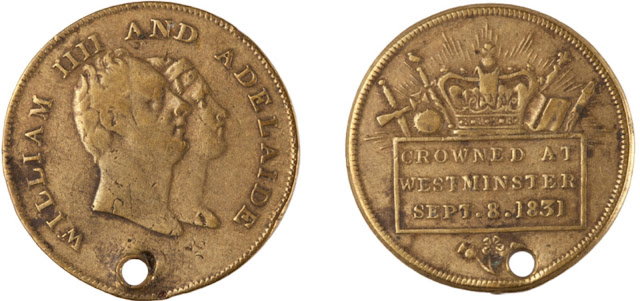 Coronation coin for William IV, stylised as 'William IIII' and Queen Adelaide. Their rather crude portraits are on the 'heads' side, and 'Crowned at Westminster Sept 8 1831' on the reverse, with an image of the Crown Jewels