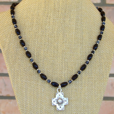 southwest pewter handmade cross necklace black onyx snowflake obsidian