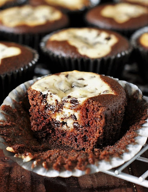 Black Bottom Cups Image ~ scratch-made chocolate cake bottoms topped with a chocolate chip cheesecake center.  Little bites of chocolate-&-cheesecake heaven!