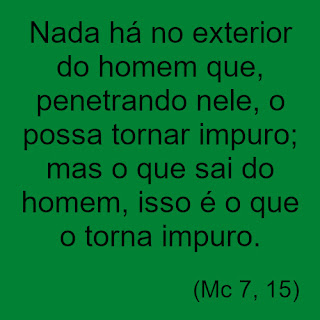 Em um fundo verde oliva com letras pretas ler-se a frase do Nosso Senhor Jesus Cristo: 'Nada há no exterior do homem que, penetrando nele, o possa tornar impuro; mas o que sai do homem, isso é o que o torna impuro', em baixo, entre parenteses a indicação abreviada do texto na Bíblia: 'Mc, 7, 15'.